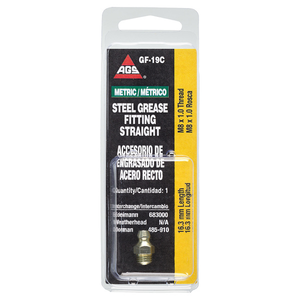 Ags Steel Straight Grease Fitting, 16.3mm Length, Male (8x1.0mm), 1/card GF-19C